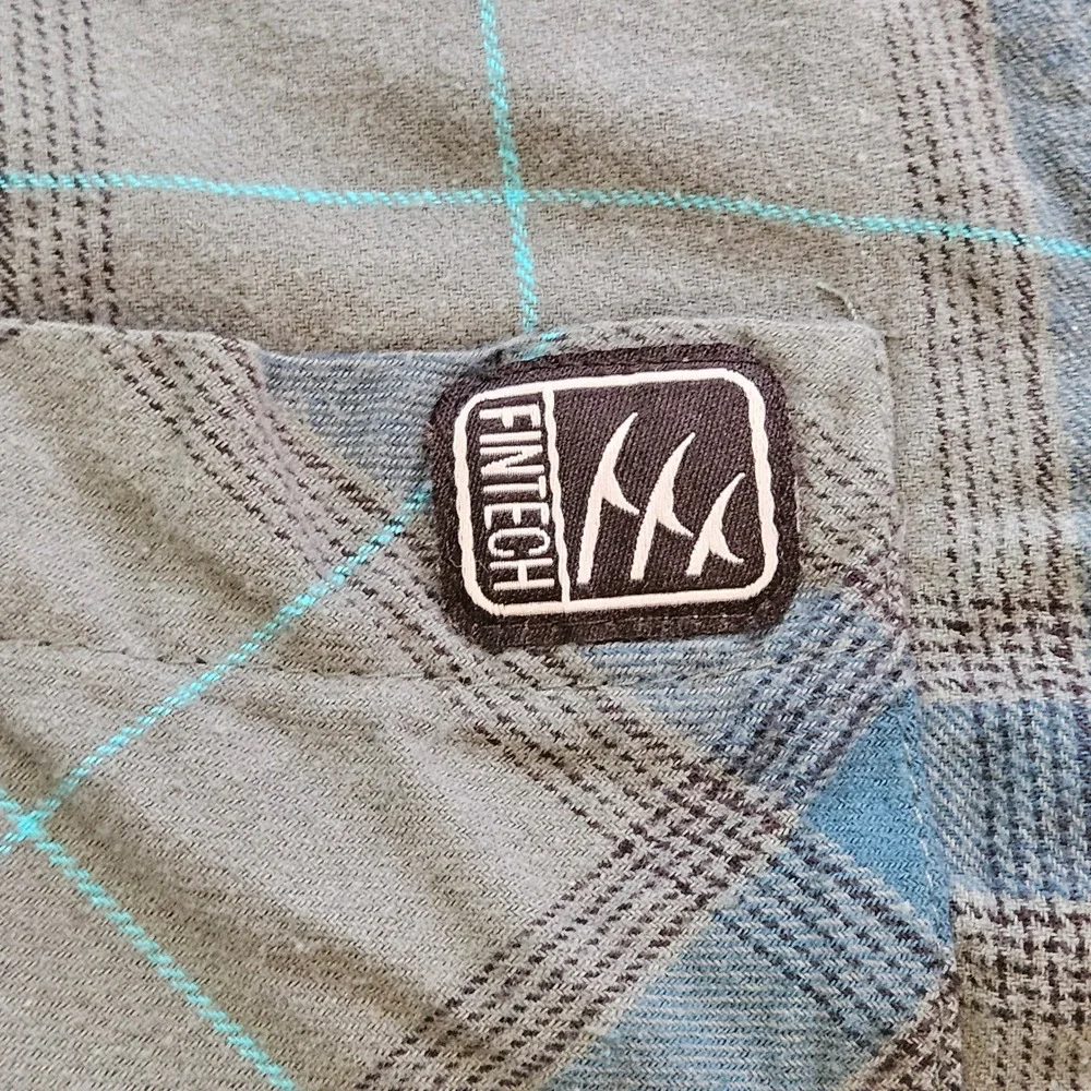 Fintech Mens Plaid‎ Flannel Long Sleeve Button Down Shirt Grey Blue Teal Size M